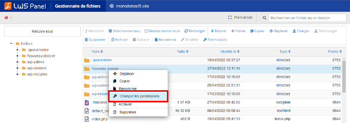 CHMOD récursif File Manager LWS