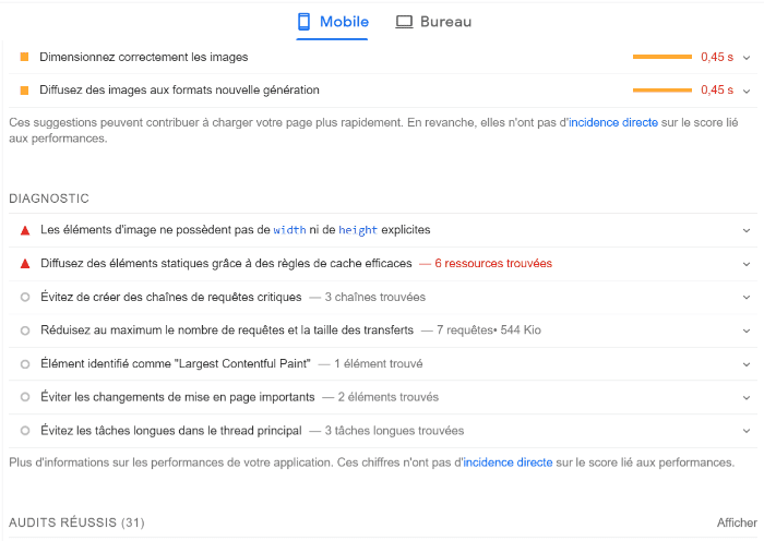 recommandations de Google PageSpeed Insights