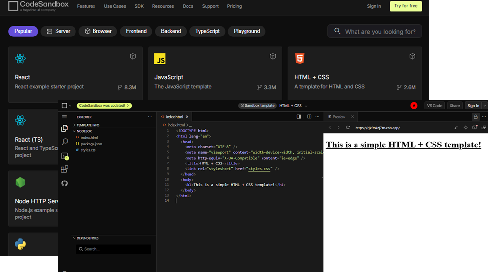 CodeSandbox éditeurs de texte en ligne gratuits