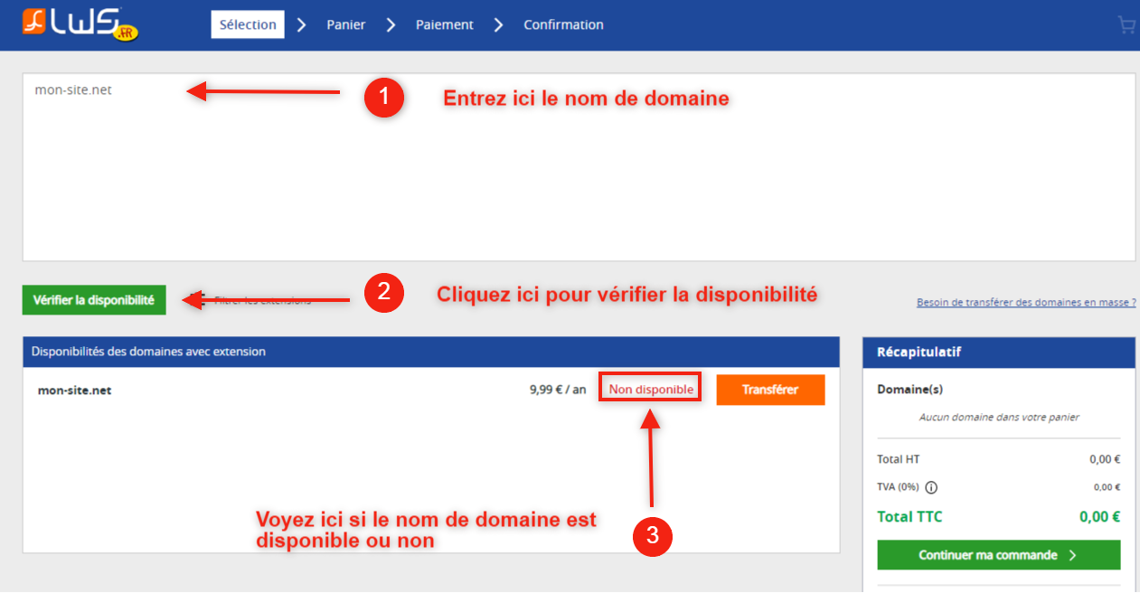 vérif Vérification de la disponibilité d'un nom de domaine avec LWS
