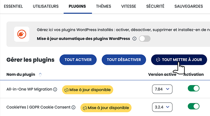 Mise à jour des plugins WordPress depuis le WP manager de LWS
