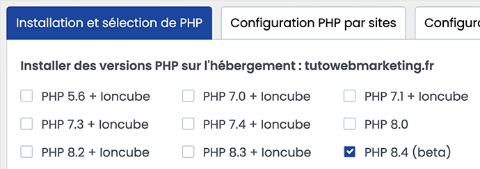 Sélection version PHP 8.4