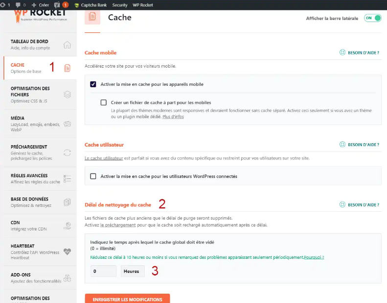 Interface du plugin de cache WordPress WP Rocket