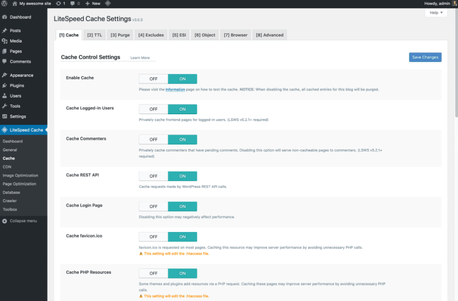 Plugin de cache WordPress LiteSpeed : une interface assez complexe
