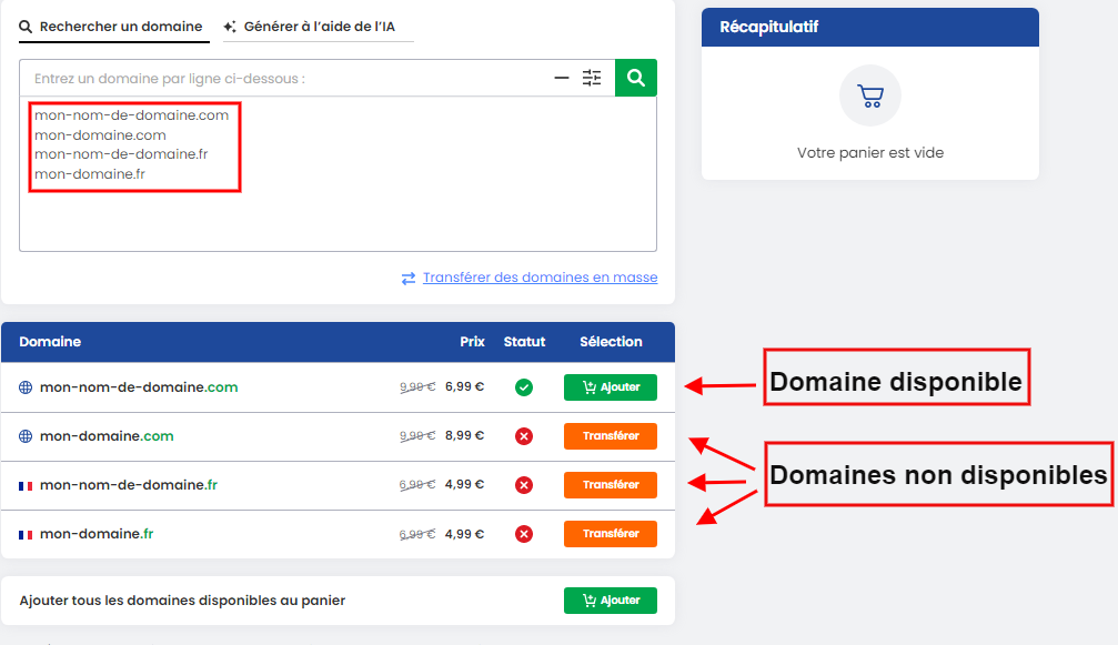 Vérifier la disponibilité d'un nom de domaine Vérifier la disponibilité d’un ou de plusieurs noms de domaine avec notre outil chez LWS