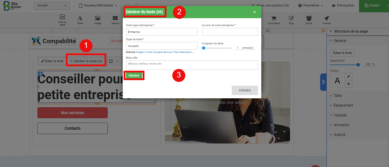Création de site avec IA : générez un texte avec l'assistant AI de SiteBuilder Pro