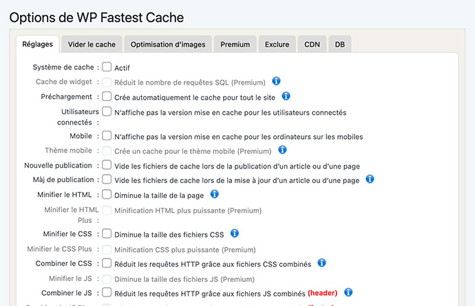 wpfastestcache Interface de WP Fastest cache