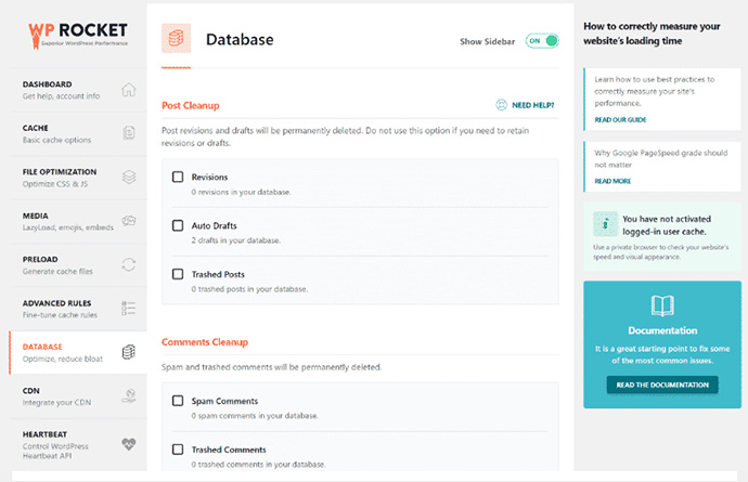 wprocket Interface de WP Rocket