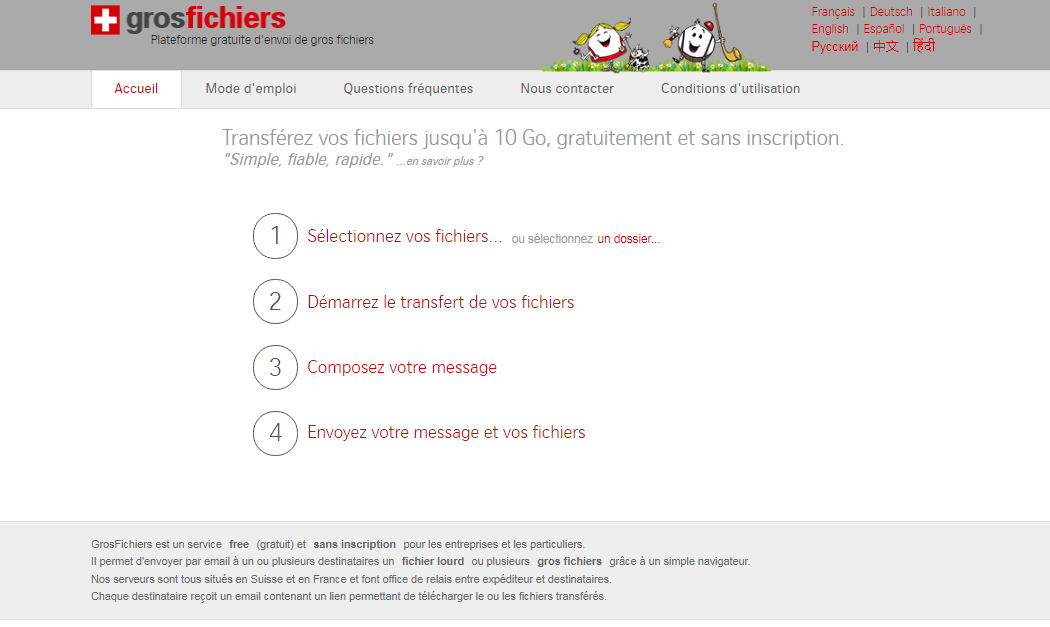 Grosfichiers.com : envoi de fichiers lourds jusqu'à 10 Go gratuitement et sans inscription