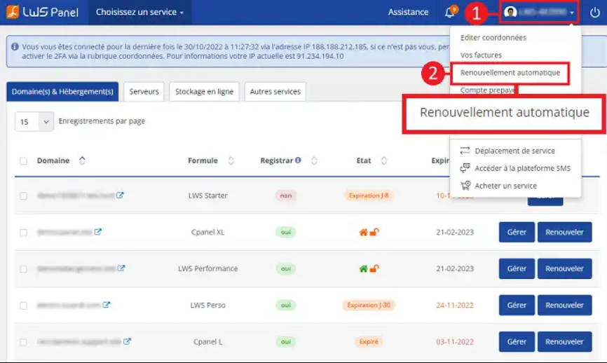 Panel LWS pour renouveler un nom de domaine en toute simplicité