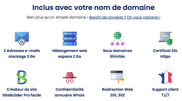 inclus domaine Votre nom de domaine français, livré avec des services supplémentaires gratuits