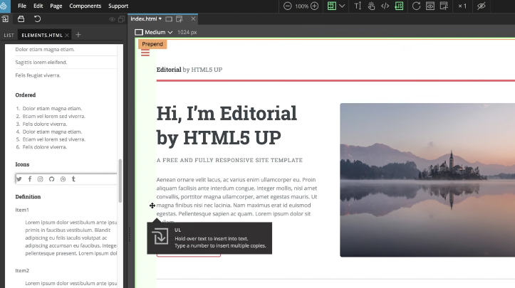 Pinegrow Web Editor - bibliothèques de pages