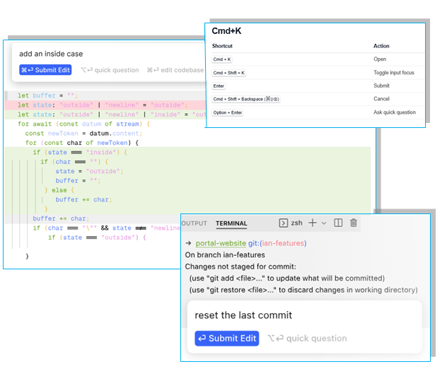 Exemple de raccourcis clavier sur Cursor