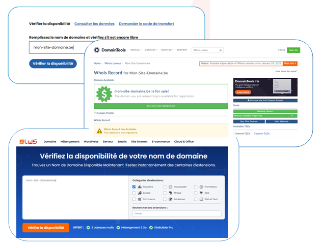 Les options pour vérifier la disponibilité d'un nom de domaine .be