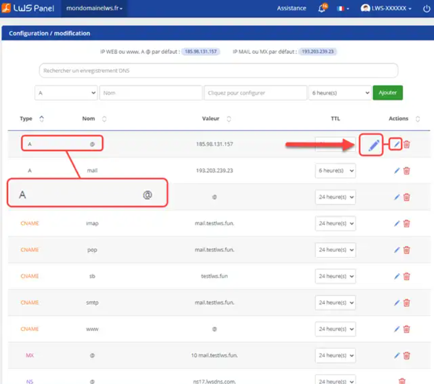 Exemple d'enregistrement DNS - Configuration de la zone A
