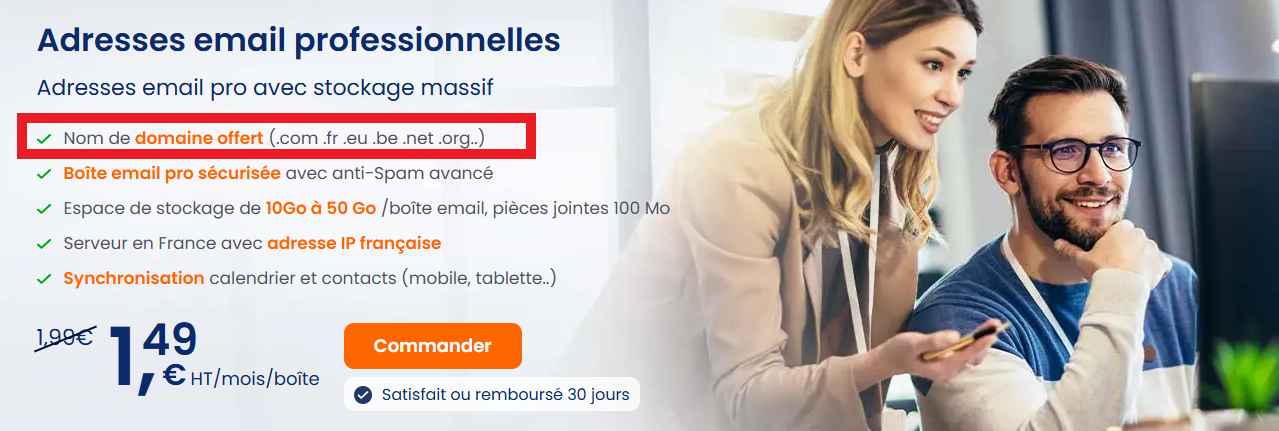 Adresse mail professionnelle avec un domaine offert la premier année chez LWS