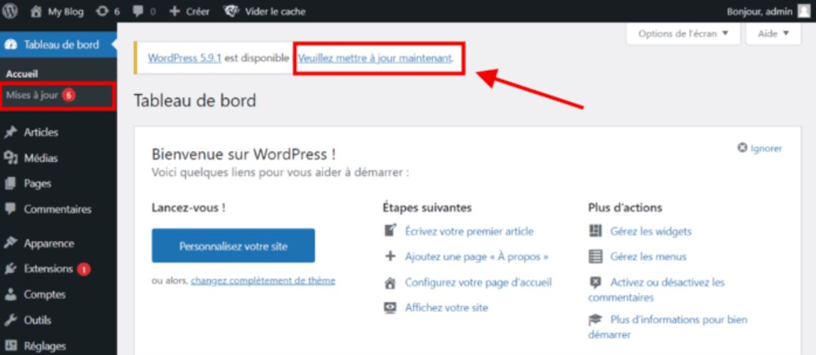 Mise à jour WordPress manuellement depuis le tableau de bord