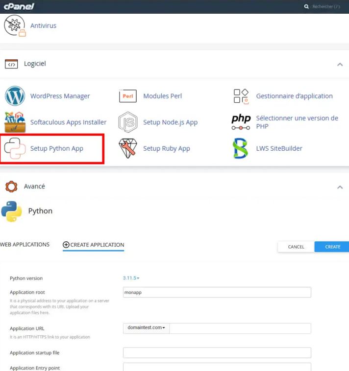 Créer facilement votre application Python depuis le panneau de contrôle cPanel