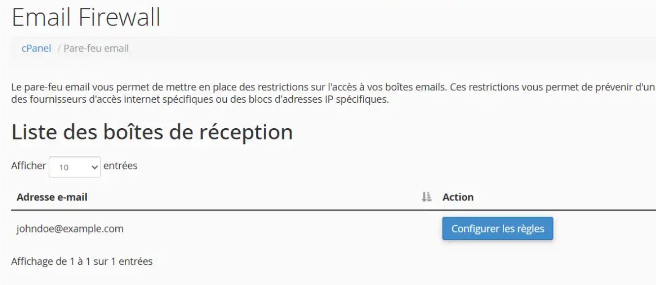 L'interface de l'outil Email Firewall cPanel LWS