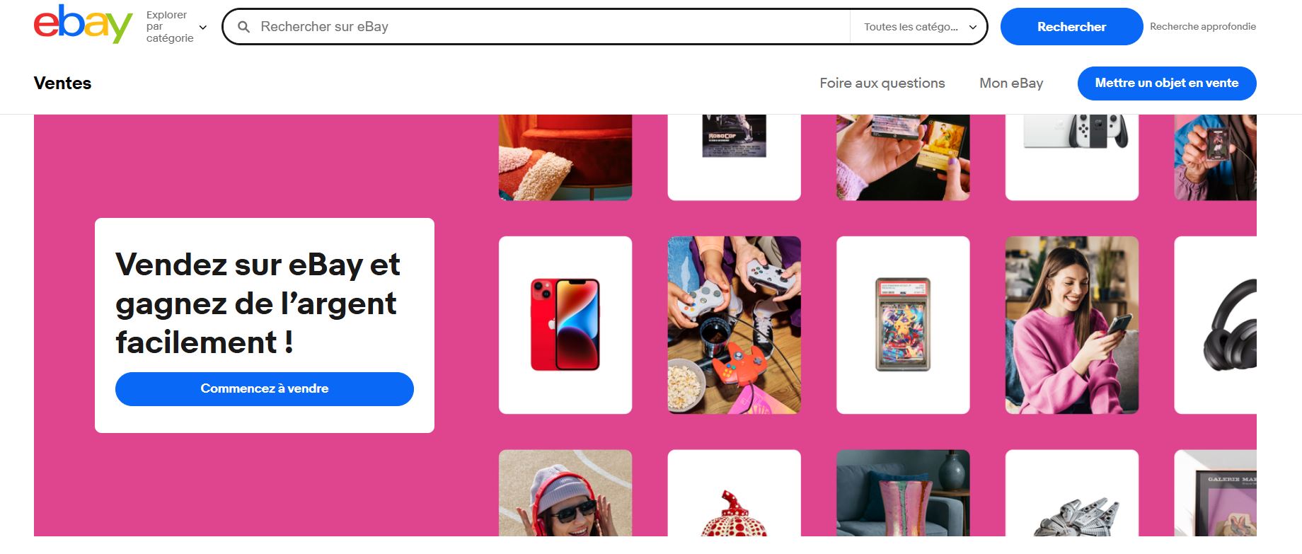 eBay pour les ventes aux enchères, les produits de collection, les produits neufs, la seconde main et la vente à l’international