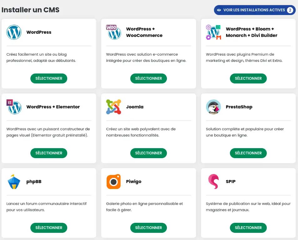 Des CMS au choix avec installation en un clic